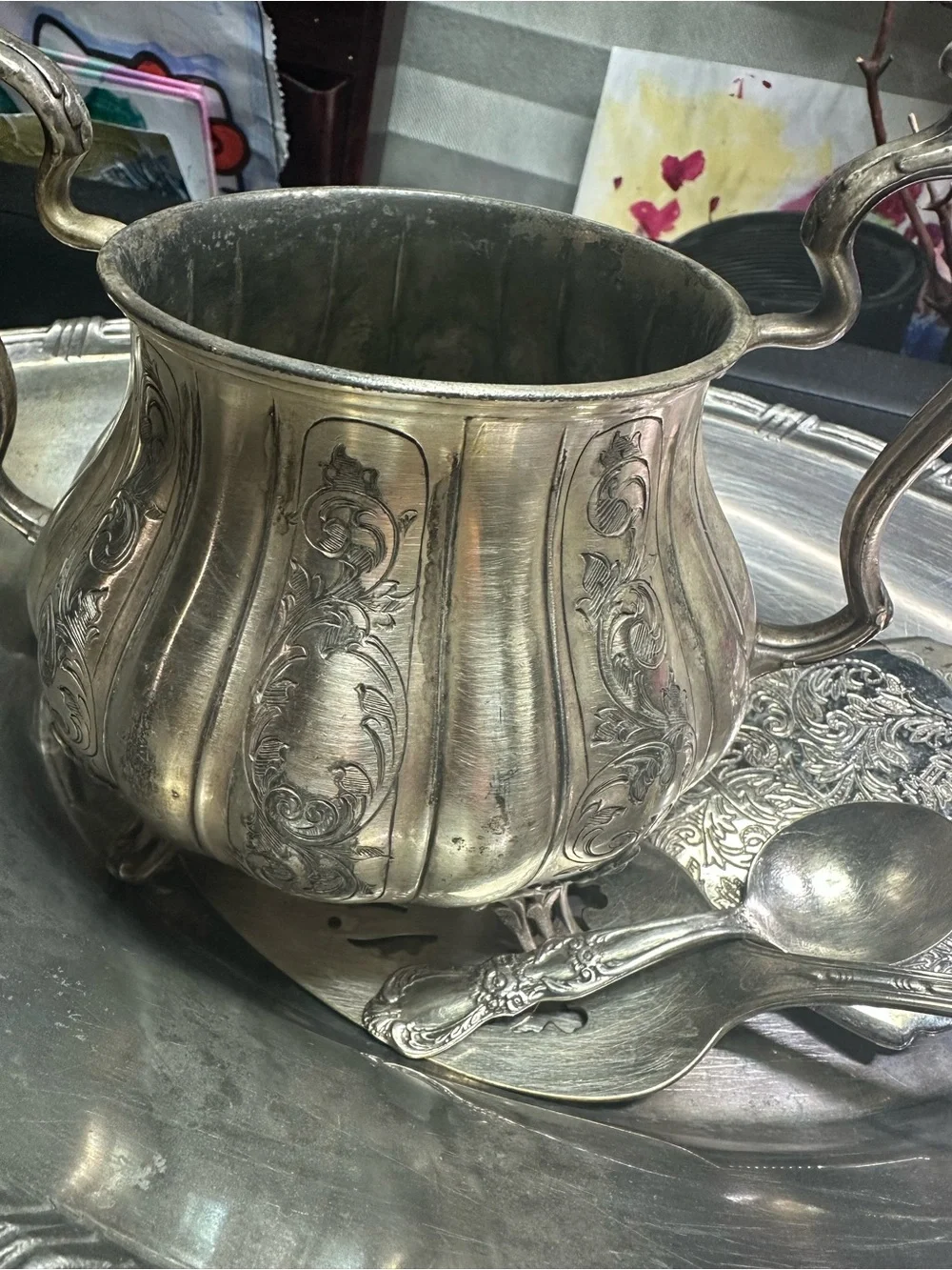 Antique-Style Silver Plated Sugar Bowl with Elegant Scrollwork